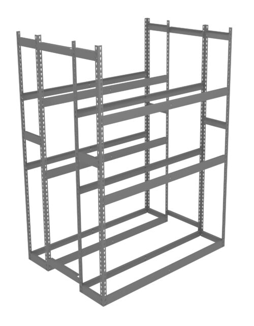 Metal storage rack with multiple horizontal shelves and vertical supports, designed for organizing items in a warehouse or garage. The open framework allows for easy access and visibility of stored items.