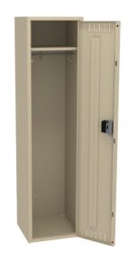 A tall, beige metal locker stands open, showing an empty interior with a single shelf near the top and a rod for hanging items. The door has a built-in lock.