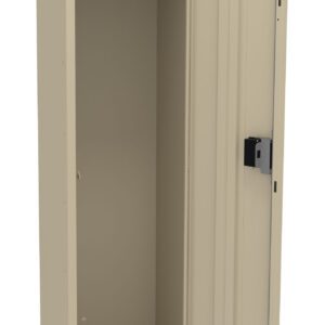 A tall, beige metal locker stands open, showing an empty interior with a single shelf near the top and a rod for hanging items. The door has a built-in lock.