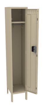 Tall, beige metal locker with a single open door. Interior features a shelf at the top, a hanging rod, and an empty main compartment. A lock mechanism is visible on the door. The locker stands on four small legs.