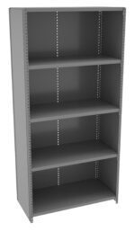 A gray, metal storage shelf unit with four adjustable shelves, suitable for organizing items. The shelves are evenly spaced, and the structure appears sturdy and industrial.