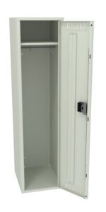 Open gray metal locker with a single shelf and a clothing rod inside. The door is ajar, revealing a sleek, minimalist interior and a small, black locking mechanism on the door.