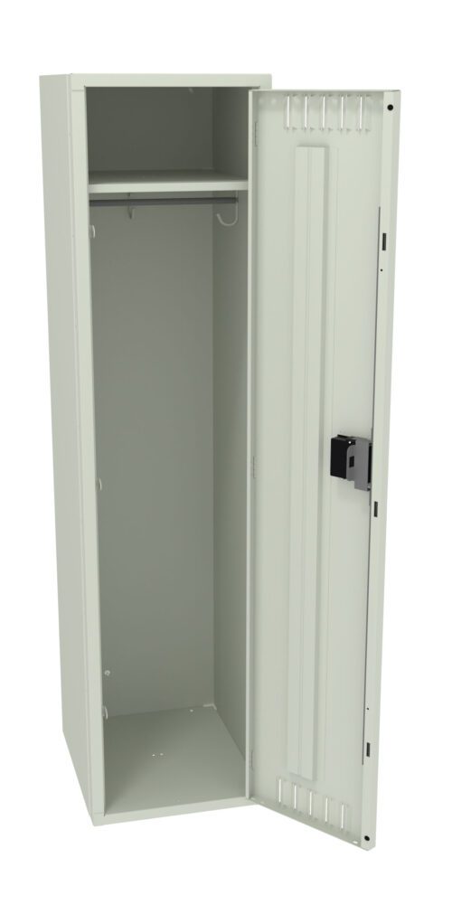 Open gray metal locker with a single shelf and a clothing rod inside. The door is ajar, revealing a sleek, minimalist interior and a small, black locking mechanism on the door.