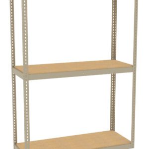 A tall, metal shelving unit with a beige frame and three wood-like shelves, evenly spaced. The unit is set against a white background, showcasing its simple and functional design for storage.