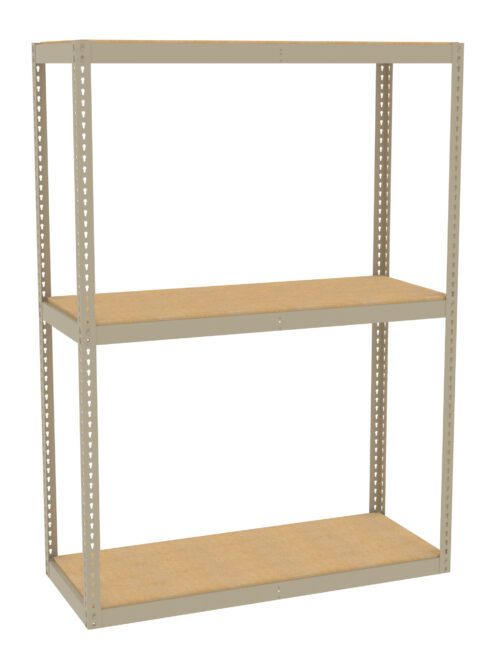 A tall, metal shelving unit with a beige frame and three wood-like shelves, evenly spaced. The unit is set against a white background, showcasing its simple and functional design for storage.