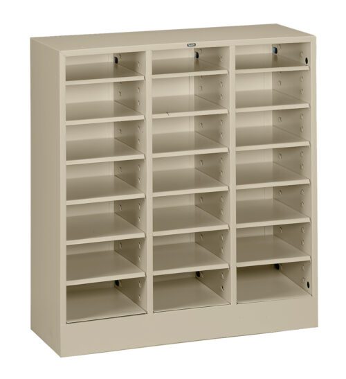 A beige metal organizer with multiple rectangular compartments arranged in four vertical columns. Each column contains adjustable shelves, creating a total of 20 open spaces for storage or sorting. The design is simple and functional.