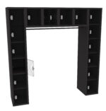 A black storage unit shaped like an upside-down U, featuring multiple square cubbies and silver latches. One cubby door is open, revealing an empty space inside. The top section includes closed cubbies.