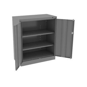 A gray metal cabinet with two open doors revealing three shelves. The cabinet is rectangular and appears to be designed for storage.