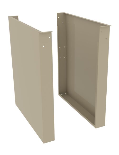 Two beige rectangular metal brackets with holes, standing vertically on a white background. One bracket is slightly tilted, showing its inner side and flat base.