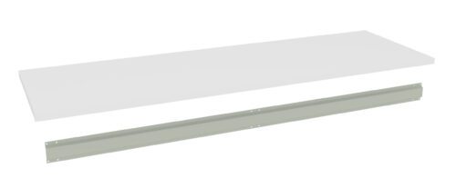 A long, white rectangular board placed above a light gray, narrow metal bracket. The bracket has multiple small holes along its length for mounting. Both items are displayed on a plain white background.