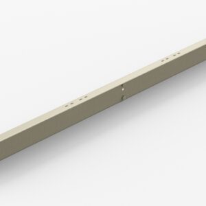 A long, beige metal bracket with multiple pre-drilled holes, positioned diagonally against a plain background. The bracket has square ends with additional holes for mounting purposes.