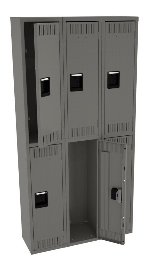 A tall, gray metal locker unit with six compartments arranged in two columns and three rows. The locker in the bottom right is open, revealing an empty interior. Each locker has a black handle and ventilation slots.