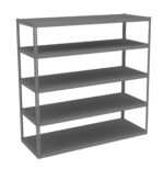 A metal shelving unit with five tiers, each consisting of a flat, rectangular shelf. The unit is gray and has a minimalist design, typically used for storage in garages, warehouses, or workshops.