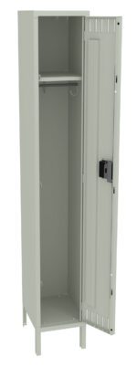 A tall, light gray metal locker with a single door is open. Inside, there is a shelf and a hanging hook. The locker stands on short legs and has a black locking mechanism on the door.
