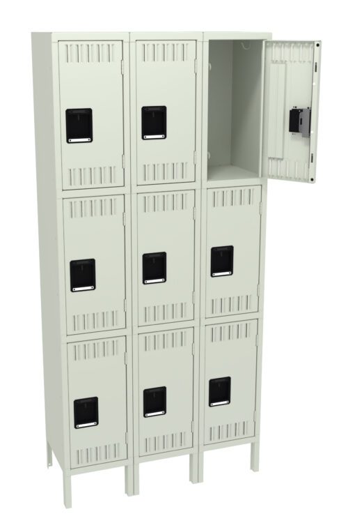 ozxijcadhrulfopxppuq.jpg A beige metal locker unit with three columns and four rows of compartments. Each compartment has a black handle and vents. The top compartment on the right is open, revealing an empty interior.