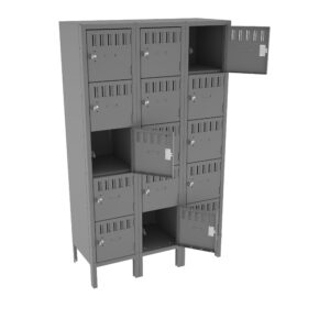 A tall, gray metal locker unit with four columns and three rows, featuring several open and closed small compartments. Each compartment has a vented door and a lock. The unit stands on four legs.