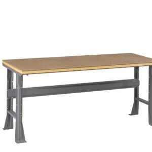 A sturdy workbench with a wooden top and a gray metal frame. The design is simple, with a rectangular tabletop supported by four legs and a crossbar for stability.