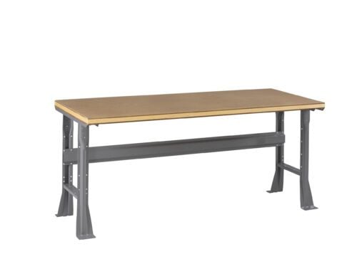 p0uqdrhsvakysiayqa0g.jpg A sturdy workbench with a wooden top and a gray metal frame. The design is simple, with a rectangular tabletop supported by four legs and a crossbar for stability.