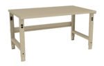 A beige metal workbench with a rectangular top and adjustable legs. The sturdy design includes cross-bracing for support. It has a minimalist, industrial look, suitable for workshops or garages.