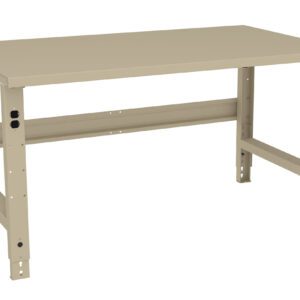 A beige metal workbench with a rectangular top and adjustable legs. The sturdy design includes cross-bracing for support. It has a minimalist, industrial look, suitable for workshops or garages.