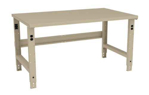 A beige metal workbench with a rectangular top and adjustable legs. The sturdy design includes cross-bracing for support. It has a minimalist, industrial look, suitable for workshops or garages.