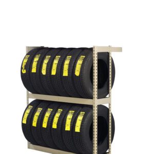 A metal storage rack holding two rows of new black tires, each with a yellow label. The rack is beige and neatly displays the tires against a plain white background.