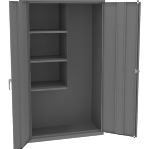 Gray metal storage cabinet with two open doors, revealing three shelves on the left side and a taller compartment on the right. The design is simple and functional, suitable for organizing various items.