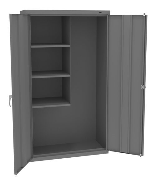 Gray metal storage cabinet with two open doors, revealing three shelves on the left side and a taller compartment on the right. The design is simple and functional, suitable for organizing various items.