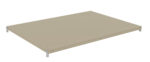 A 3D rendering of a beige rectangular metal shelf with small holes along the edges and four corner brackets, set against a white background.