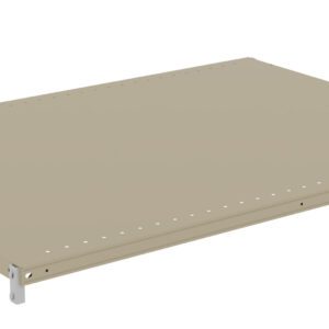 A 3D rendering of a beige rectangular metal shelf with small holes along the edges and four corner brackets, set against a white background.
