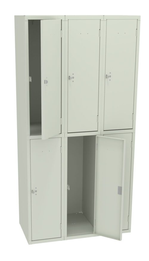 A set of six beige metal lockers arranged in two rows. Three locker doors are open, revealing empty compartments. The lockers have small handles and locks on each door.