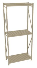 A beige metal shelving unit with three tiers. The shelves have slatted surfaces and are supported by vertical metal bars on each side, providing structure and stability. The design is simple and functional.