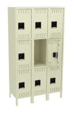 A beige nine-compartment locker unit with one door open, revealing an empty interior. Each compartment has a rectangular handle and ventilation slots. The lockers stand on four legs.
