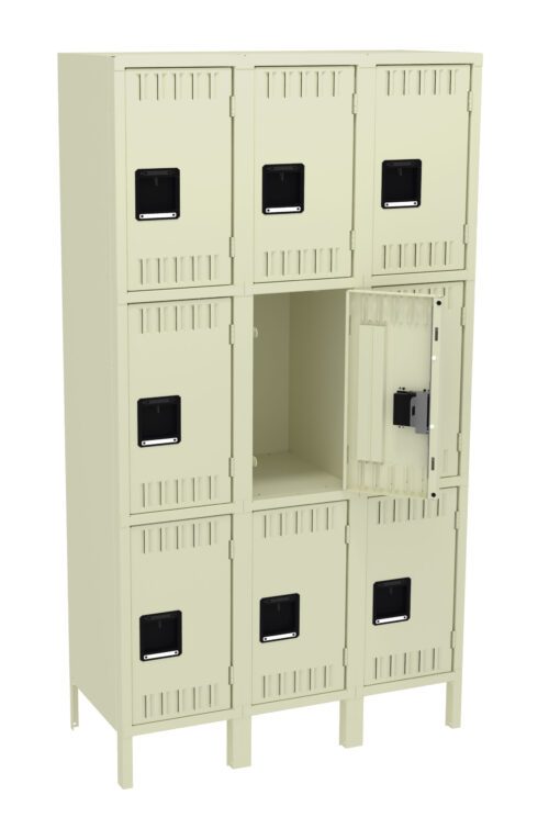 A beige nine-compartment locker unit with one door open, revealing an empty interior. Each compartment has a rectangular handle and ventilation slots. The lockers stand on four legs.