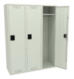 Three light gray metal lockers with black handles. The third locker door is open, revealing a hanging rod and an empty interior space.