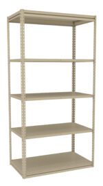 A beige metal shelving unit with five adjustable shelves. The shelves are empty and the unit stands upright against a plain white background.
