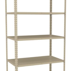 A beige metal shelving unit with five adjustable shelves. The shelves are empty and the unit stands upright against a plain white background.