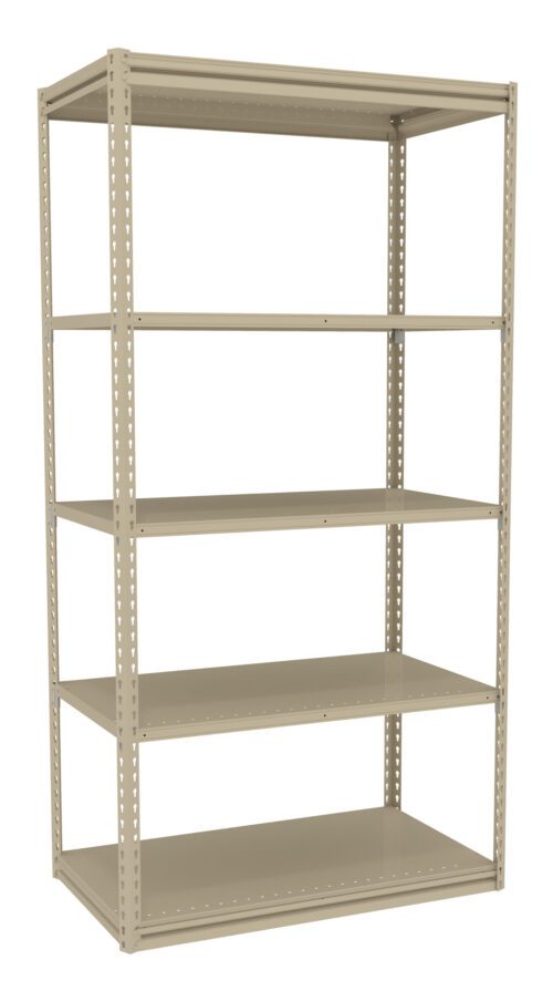 p4ixnxgh6y753zdndpll.jpg A beige metal shelving unit with five adjustable shelves. The shelves are empty and the unit stands upright against a plain white background.