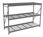 Three-tier metal shelving unit with a minimalistic design, featuring open wire shelves and a sturdy frame. The shelves have a grid pattern for ventilation and easy visibility. The structure is designed for heavy-duty storage.