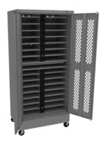 A gray storage cabinet on wheels with an open door, revealing multiple shelves inside. The cabinet has ventilation holes on the door for air circulation.