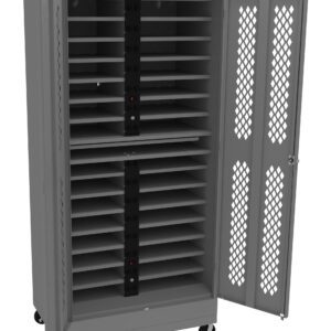 A gray storage cabinet on wheels with an open door, revealing multiple shelves inside. The cabinet has ventilation holes on the door for air circulation.