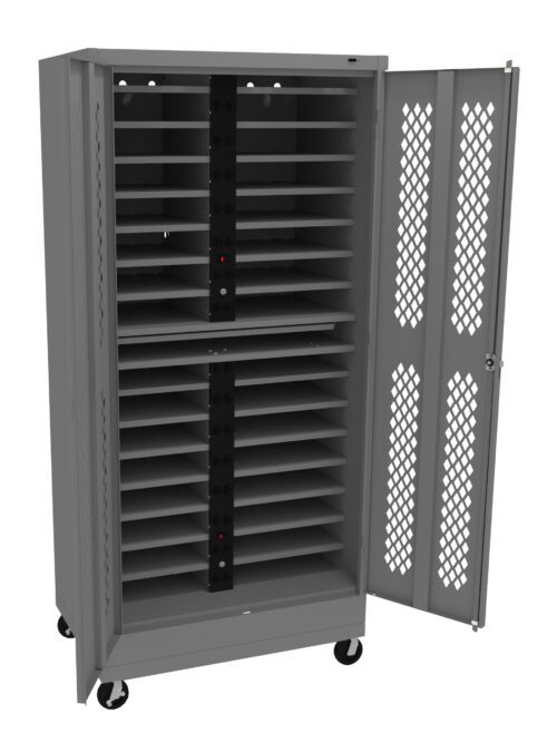 p5fu2frbnr2qfwwxvxzk.jpg A gray storage cabinet on wheels with an open door, revealing multiple shelves inside. The cabinet has ventilation holes on the door for air circulation.