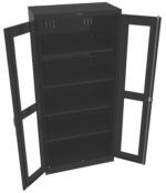 A black metal storage cabinet with two glass-paneled doors open, revealing five adjustable shelves inside. The cabinet has a sleek and modern design.