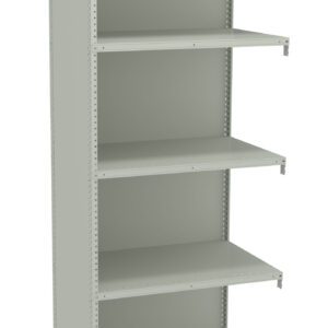 A tall, light gray, metal bookshelf with five evenly spaced open shelves. The design is simple and industrial, suitable for storage in a home or office setting.