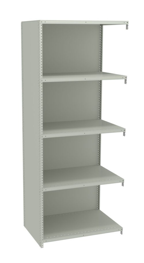 p5m4tihbznws9szipr4g.jpg A tall, light gray, metal bookshelf with five evenly spaced open shelves. The design is simple and industrial, suitable for storage in a home or office setting.