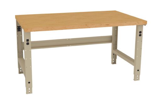 p5pjcdyr8jgju0dsrpg0.jpg A sturdy wooden workbench with a light brown tabletop and beige metal legs, designed for industrial or workshop use. The table features adjustable height settings visible on the legs.