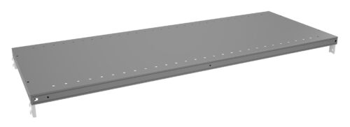 A long, flat metal shelf with evenly spaced holes along its edges. The shelf has support brackets at each end, designed for mounting. Its surface is smooth and the color is a neutral gray.