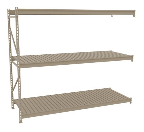 p5wkhopqhhcm7w0timli.jpg A three-tiered, beige metal shelving unit with slatted surfaces on each shelf. The shelves are evenly spaced, and the unit is positioned against a plain white background.