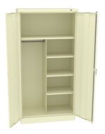 Open beige metal cabinet with two doors. Inside, it has a rod for hanging clothes on the left and multiple shelves on the right, providing storage options.