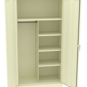 Open beige metal cabinet with two doors. Inside, it has a rod for hanging clothes on the left and multiple shelves on the right, providing storage options.